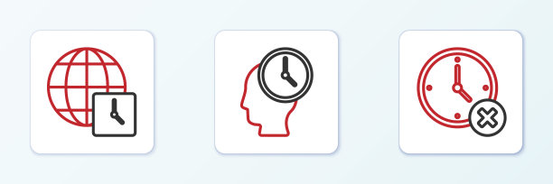 设置行时钟删除，世界时间和时间管理图标。向量图片下载