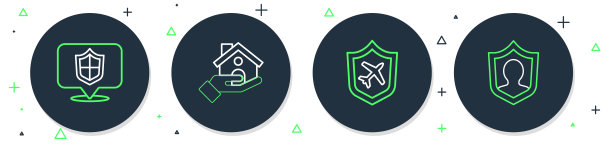 设置线购物大楼与盾，平面，位置和人寿保险图标。向量图片下载