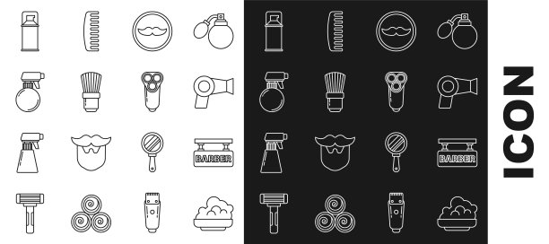 集线剃须胶泡沫，理发店，吹风机，胡子，刷子，理发师手枪喷雾瓶，和电动剃须刀片的男人图标。向量图片下载