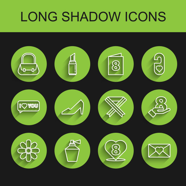 套装线花，香水，手提包，心脏与3月8日，信封，女人鞋，在手和乳腺癌意识丝带图标。向量图片下载