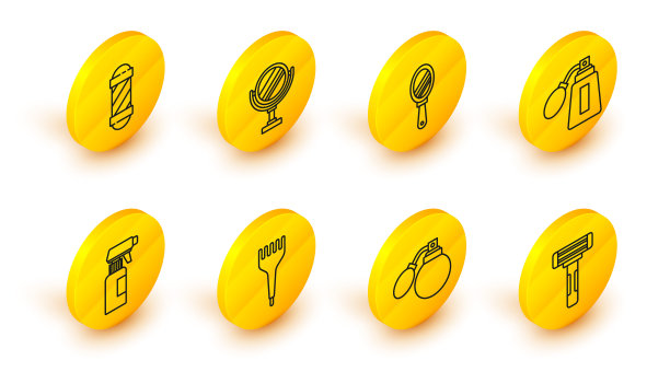 集线剃须剃须刀，须后瓶与雾化器，发刷，理发师手枪喷雾，手镜，圆形化妆和经典的理发店杆图标。向量图片下载