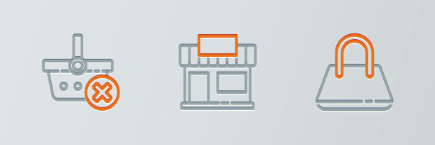 设置线手提包，拆除购物篮和购物大楼或市场商店图标。向量图片下载