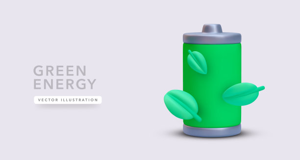 3d现实电池落叶在3现实风格。绿色能源概念。矢量图图片下载