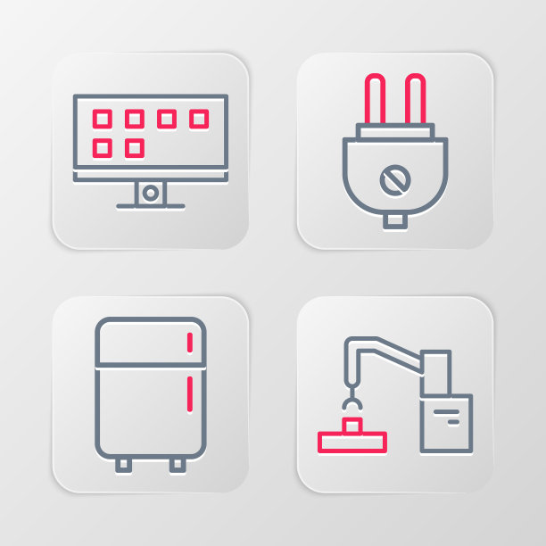 设置流水线机器人机械臂手厂，冰箱，电源插头和智能电视图标。向量图片下载