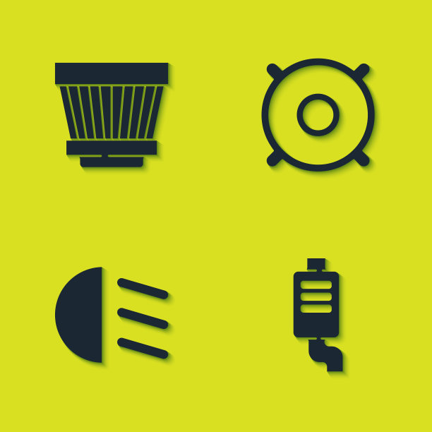 设置汽车空气过滤器，消声器，远光灯和音响图标。向量图片下载