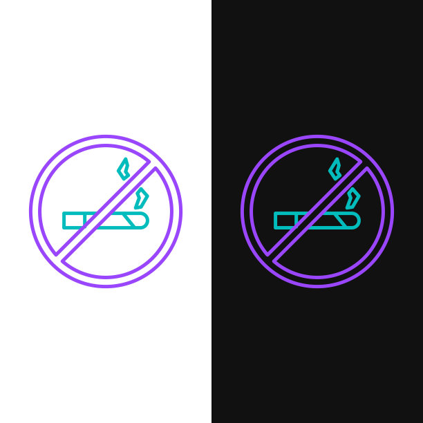 一行禁止吸烟图标隔离在白色和黑色背景。香烟的象征。彩色轮廓概念。向量图片下载