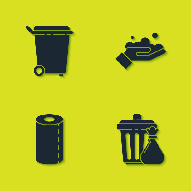 设置垃圾桶，垃圾袋，纸巾卷和洗手肥皂图标。向量图片下载