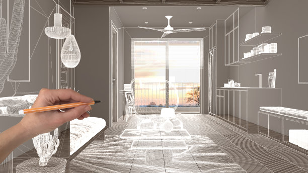 空荡荡的白色室内配以人字形拼花地板，白色墙面，手绘定制建筑设计，白色墨水素描，展示现代厨房设计蓝图图片下载