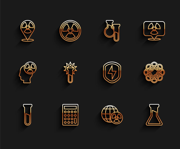 设置线试管和烧瓶，计算器，放射性在位置，行星地球辐射，原子和安全盾与闪电图标。向量图片下载