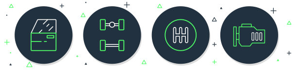 设置线底盘车，换挡，车门和检查发动机图标。向量图片下载