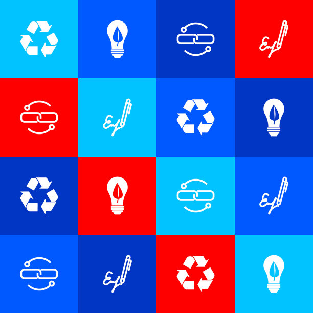 设置回收符号、带叶灯泡、链环线和签名图标。向量图片下载