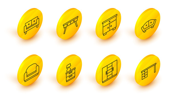 设置线办公桌，衣柜，家具床头柜与灯，扶手椅，沙发，和图标。向量图片下载