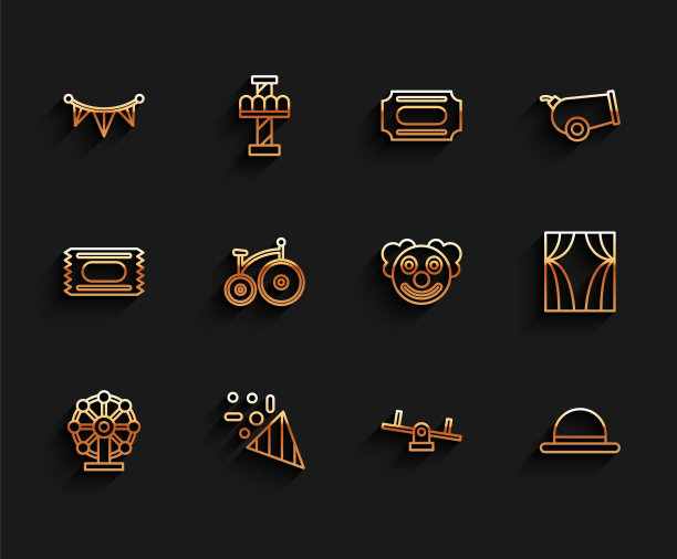 集线摩天轮，节日彩纸，嘉年华花环与旗帜，跷跷板，小丑帽，古董自行车，马戏团窗帘上升和头部图标。向量图片下载