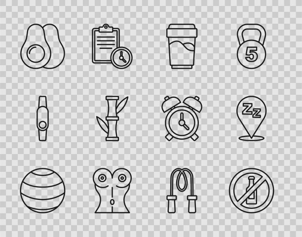设置线健身球，不含酒精，杯子与水，女性腰，牛油果，竹子，跳绳和嗜睡图标。向量图片下载