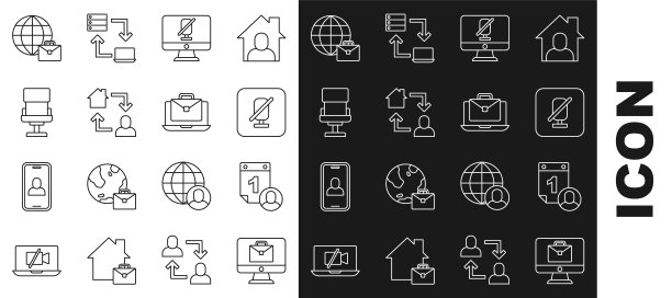 设置线路在线工作、时间管理、静音麦克风、电脑、办公椅、图标。向量图片下载