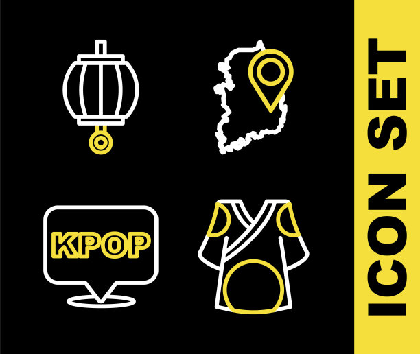 集线韩国地图，和服，K-pop和韩国灯笼图标。向量图片下载