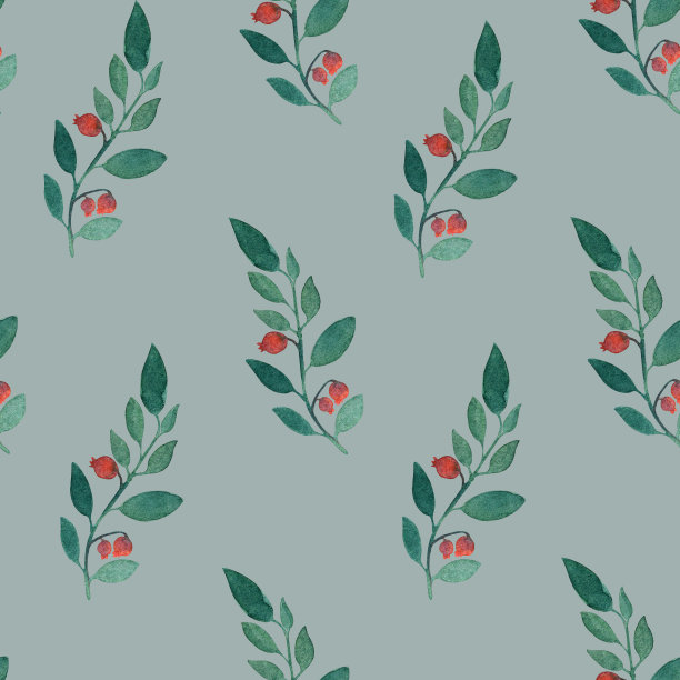 水彩无缝手绘植物图案与抽象的红色浆果和绿叶图片下载