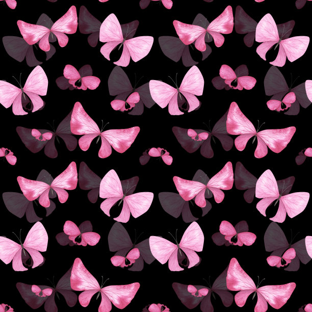 无缝模式粉红蝴蝶与详细的翅膀孤立在黑色背景。水彩手绘设计图片下载