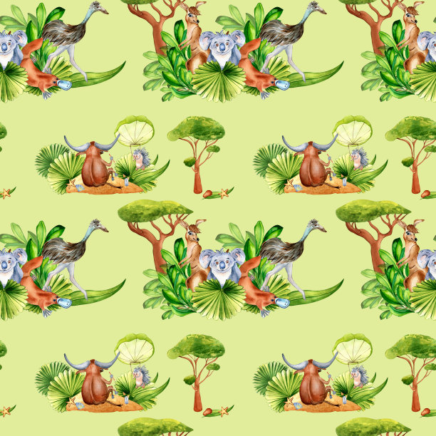 卡通动物水彩画无缝图案隔离在绿色上。图片下载