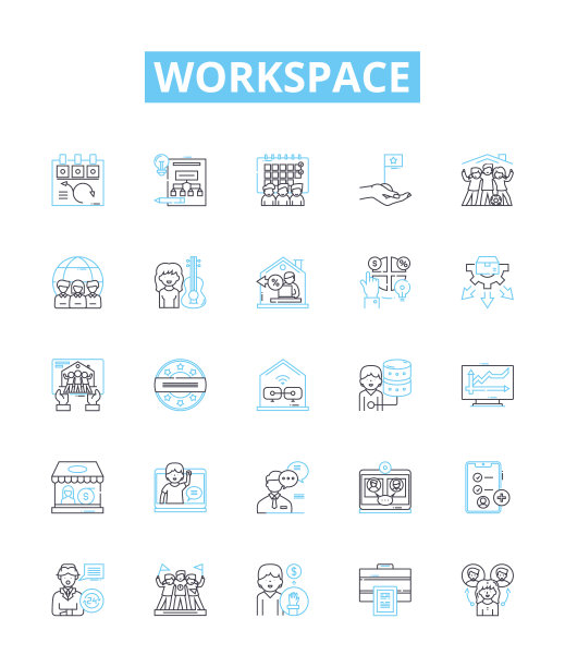 工作区矢量线图标设置。办公室，房间，书桌，桌子，区域，长凳，隔间的插图轮廓概念符号和标志图片下载