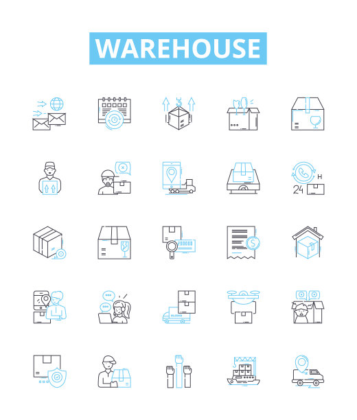 仓库矢量线图标设置。仓库，仓库，仓库，设施，物流，仓库，库存说明概述概念符号和标志图片下载