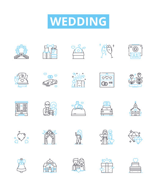 婚礼矢量线图标集。婚姻，婚礼，仪式，新娘，新郎，誓言，庆典插图大纲概念符号和标志图片下载