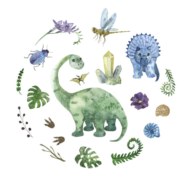 恐龙元素集。三角龙、腕龙、昆虫、水晶、菊石、花卉、植物、恐龙足迹。适用于幼儿园、棉布、织物、床上用品、睡衣。古生物学图片下载