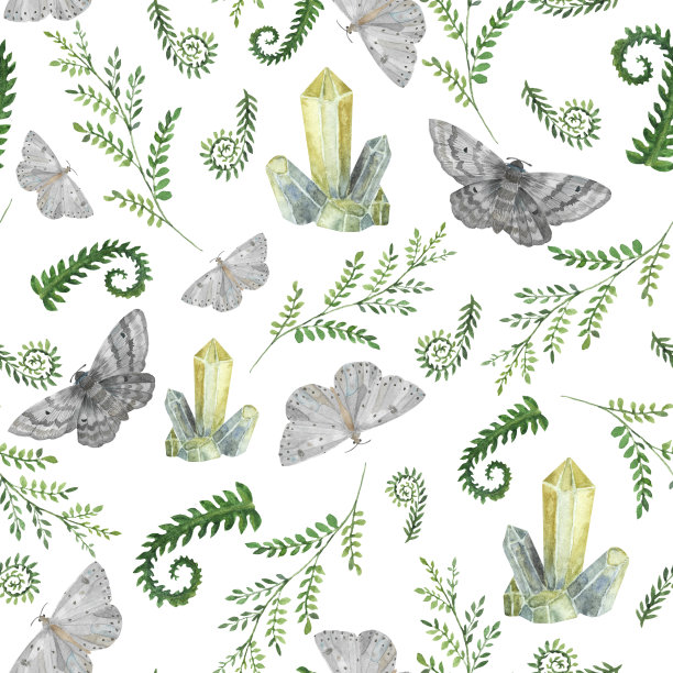 水晶和蕨类图案。神奇的自然元素无缝水彩图案。手绘水晶，蕨类和飞蛾。白色背景。用于包装纸，纺织品，织物，卡片图片下载