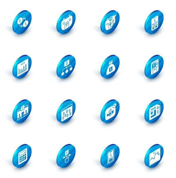 设置熊市，股票牛市和熊市，移动交易，饼图信息图，银行建设，区块链技术比特币，ATM币和钱袋图标。向量图片下载