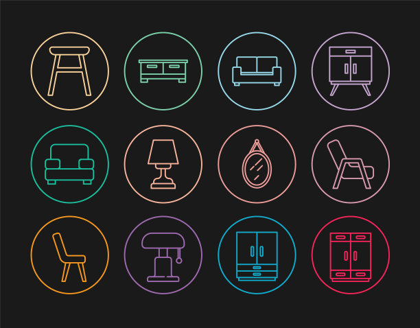 集线衣柜，扶手椅，沙发，台灯，椅子，镜子和衣柜抽屉图标。向量图片下载