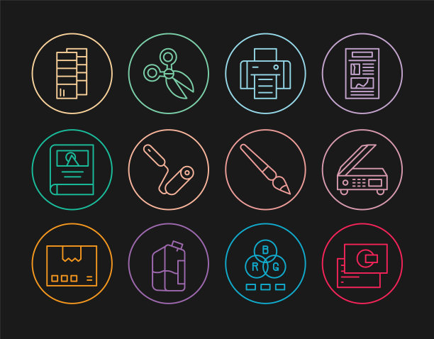 设置线名片，扫描仪，打印机，油漆滚筒刷，相册画廊，潘通，剪刀图标。向量图片下载