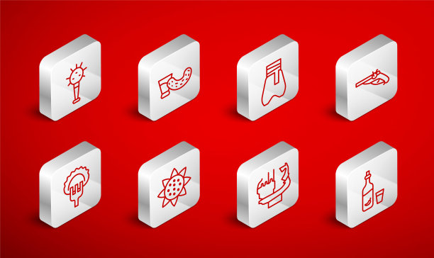 集线伏特加与胡椒和玻璃，玻璃伏特加，哥萨克裤子，古董手枪，基辅纪念碑创始人，狼牙棒，向日葵和饺子叉子图标。向量图片下载