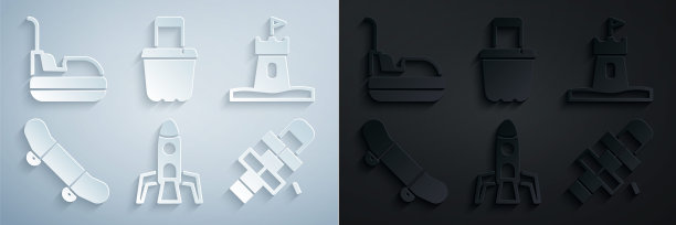 设置火箭船，沙塔，滑板把戏，跳房子，在桶和碰碰车图标。向量图片下载