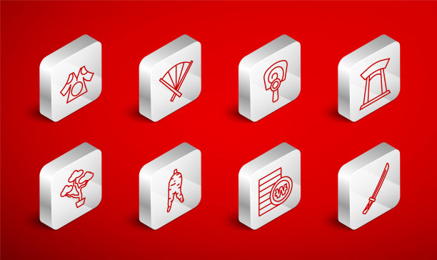 设置线武士刀，传统扇，韩式手，门，南方赢币，和服，人参根和盆景树图标。向量图片下载