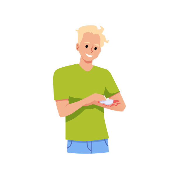 快乐的人应用膏治疗湿疹，平面矢量插图孤立在白色背景。特应性皮炎治疗。用于皮肤发炎、发痒、发红的护肤品。图片下载
