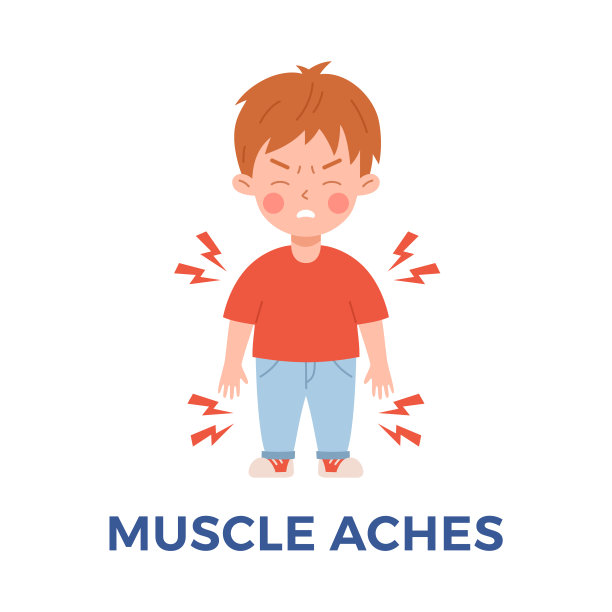 患有肌肉疼痛的儿童，平面矢量插图孤立在白色背景上。有流感、流感或感冒症状的男孩。呼吸道疾病症状。图片下载