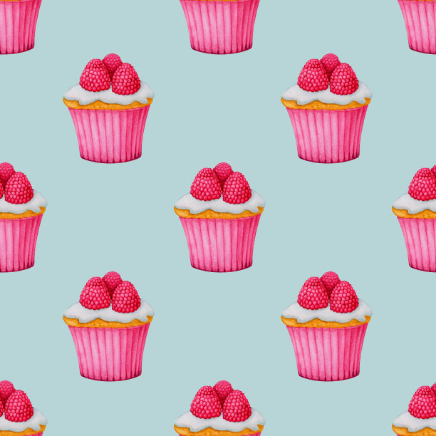 无缝模式与纸杯蛋糕的蓝色背景。情人节，生日，婚礼，周年纪念水彩设计。适用于印刷包装，包装，文具，织物，纺织品。图片下载