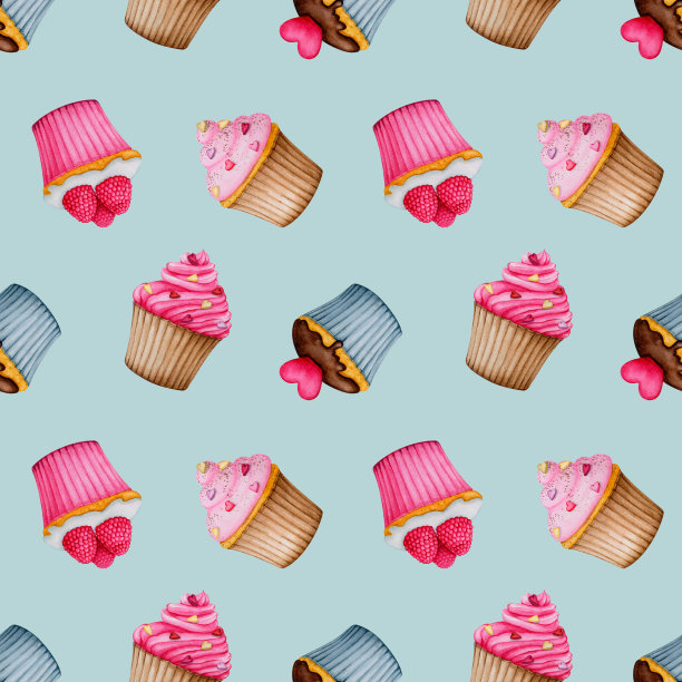 无缝模式与纸杯蛋糕的蓝色背景。情人节，生日，婚礼，周年纪念水彩设计。适用于印刷包装，包装，文具，织物，纺织品。图片下载