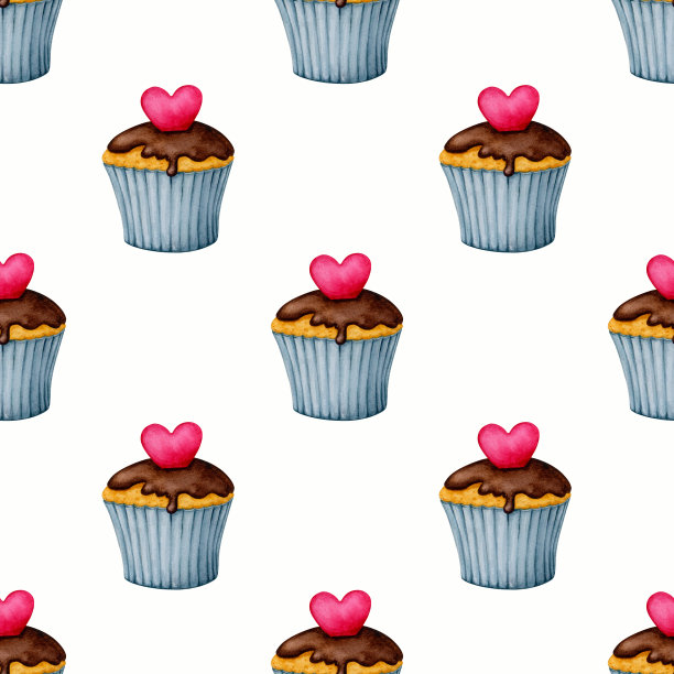 白色背景上纸杯蛋糕的无缝图案。情人节，生日，婚礼，周年纪念水彩设计。适用于印刷包装，包装，文具，织物，纺织品。图片下载