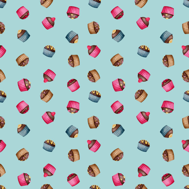 无缝模式与巧克力在蓝色背景。情人节，生日，婚礼，周年纪念水彩设计。适用于印刷包装，包装，文具，织物。图片下载