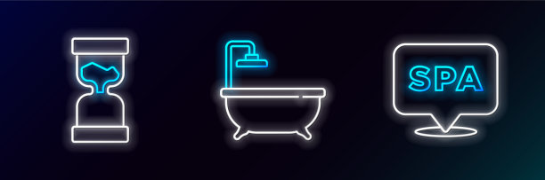 设置线温泉沙龙旧沙漏和浴缸图标图片下载