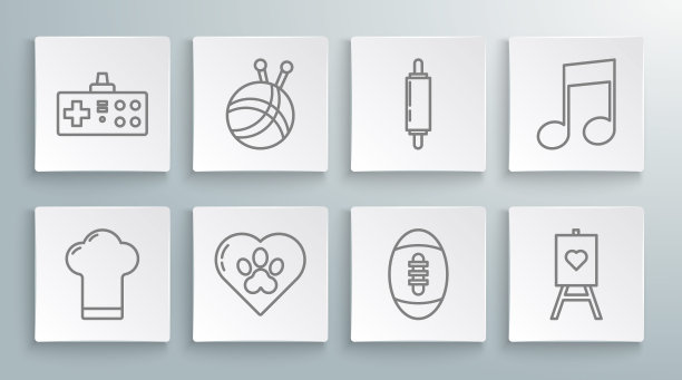 集线厨师帽，纱线球与针织针，心脏动物足迹，美式足球，木画架或画板，擀面杖，音乐音符，音调和手柄图标。向量图片下载