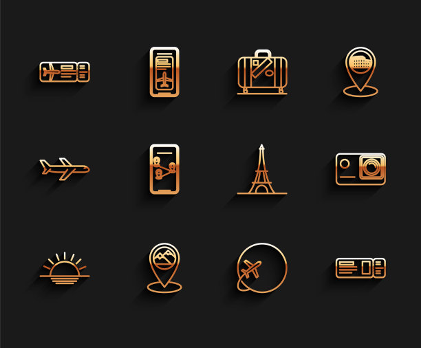 设置线日落，地图指针与山，机票，全球飞行飞机，旅行，信息图表的城市地图导航，动作极限相机和埃菲尔铁塔图标。向量图片下载
