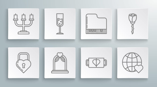 心形城堡，玻璃香槟，婚礼拱门，两个咖啡杯和，世界爱情，大钢琴，花玫瑰和烛台图标。向量图片下载