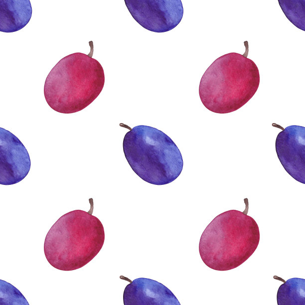水彩无缝模式与紫色李子在白色背景图片下载