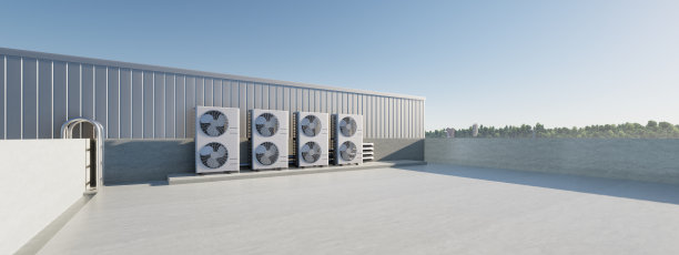 工业厂房屋顶冷凝器机组或压缩机的三维效料图。交流或空调、暖通空调或采暖通风和空调系统的单元。电机、泵、风机内装图片下载