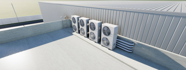 工业厂房屋顶冷凝器机组或压缩机的三维效料图。交流或空调、暖通空调或采暖通风和空调系统的单元。电机、泵、风机内装图片下载