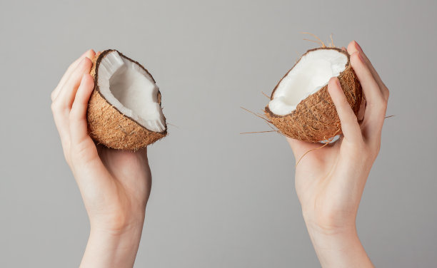 手拿裂裂的椰子，两半的椰子果图片下载