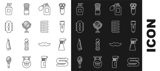 设置线毛巾，理发师手枪喷雾瓶，电动理发剪或剃须刀，须后水雾化，圆形化妆镜，刀片剃须刀，一瓶洗发水和梳子图标。向量图片下载