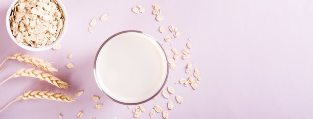 一杯新鲜的燕麦牛奶和燕麦片。素食不含乳制品的有机饮料。俯视图网页横幅图片下载